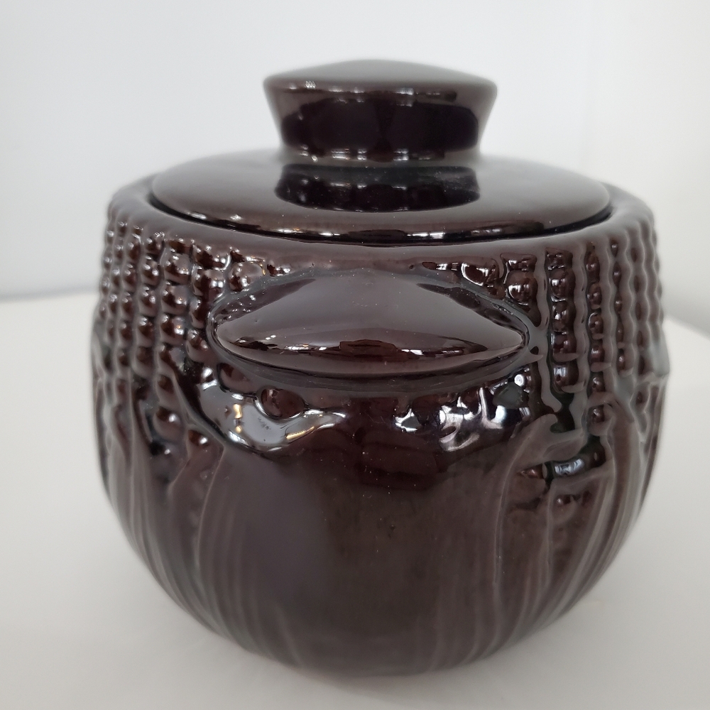 Rare Royal Canadian Art Pottery 1 Qt Brown Corn Cob Theme Bean Crock w/Lid - Picture 8 of 11